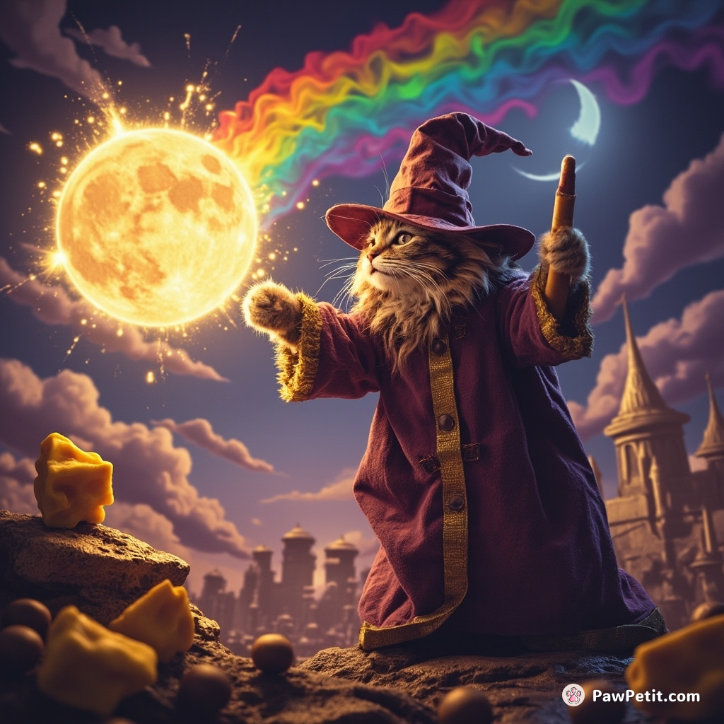 A feline wizard casting an explosive rainbow spell from atop a colossal cheese moon in a nocturnal candyland skyline.