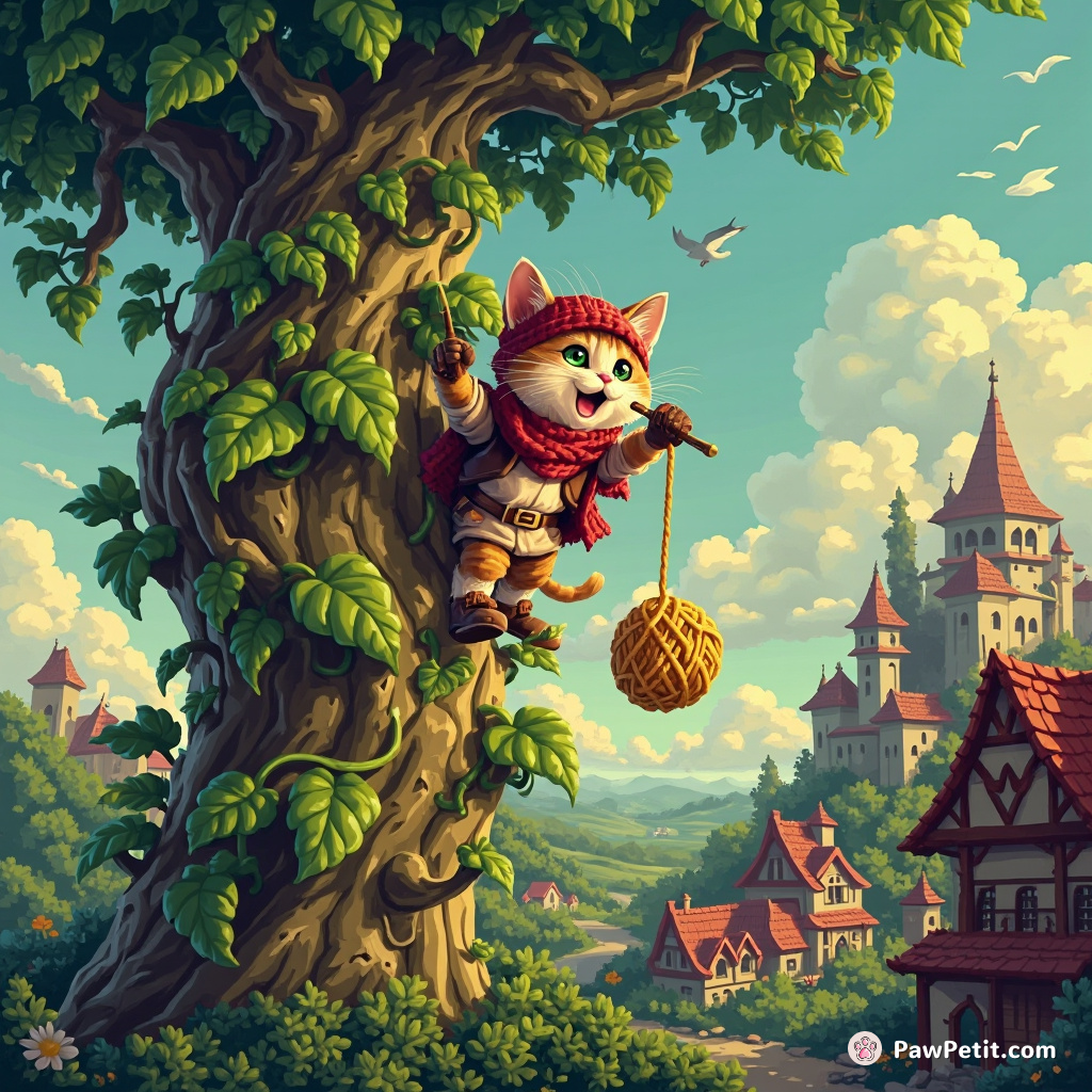 Whiskerton the Brave Cat scales the Beanstalk, duels the Giant with a fierce hiss, and claims the golden yarn.