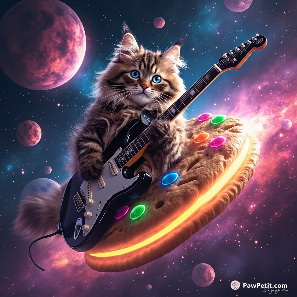 A cat playing electric guitar atop a giant cookie flying through neon-lit asteroid belt in galaxy far away.