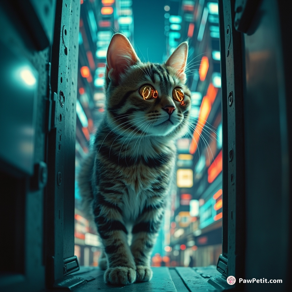Tech-blinking skyscrapers, the feline agilely mastered the facial recognition to infiltrate a secure lab through an automated sliding door.