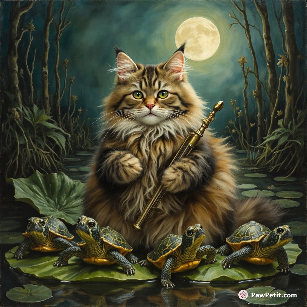 A fluffy Persian cat dramatically conducting an orchestra of tiny sea turtles playing miniature instruments on a lily-pad stage in a moonlit swamp.