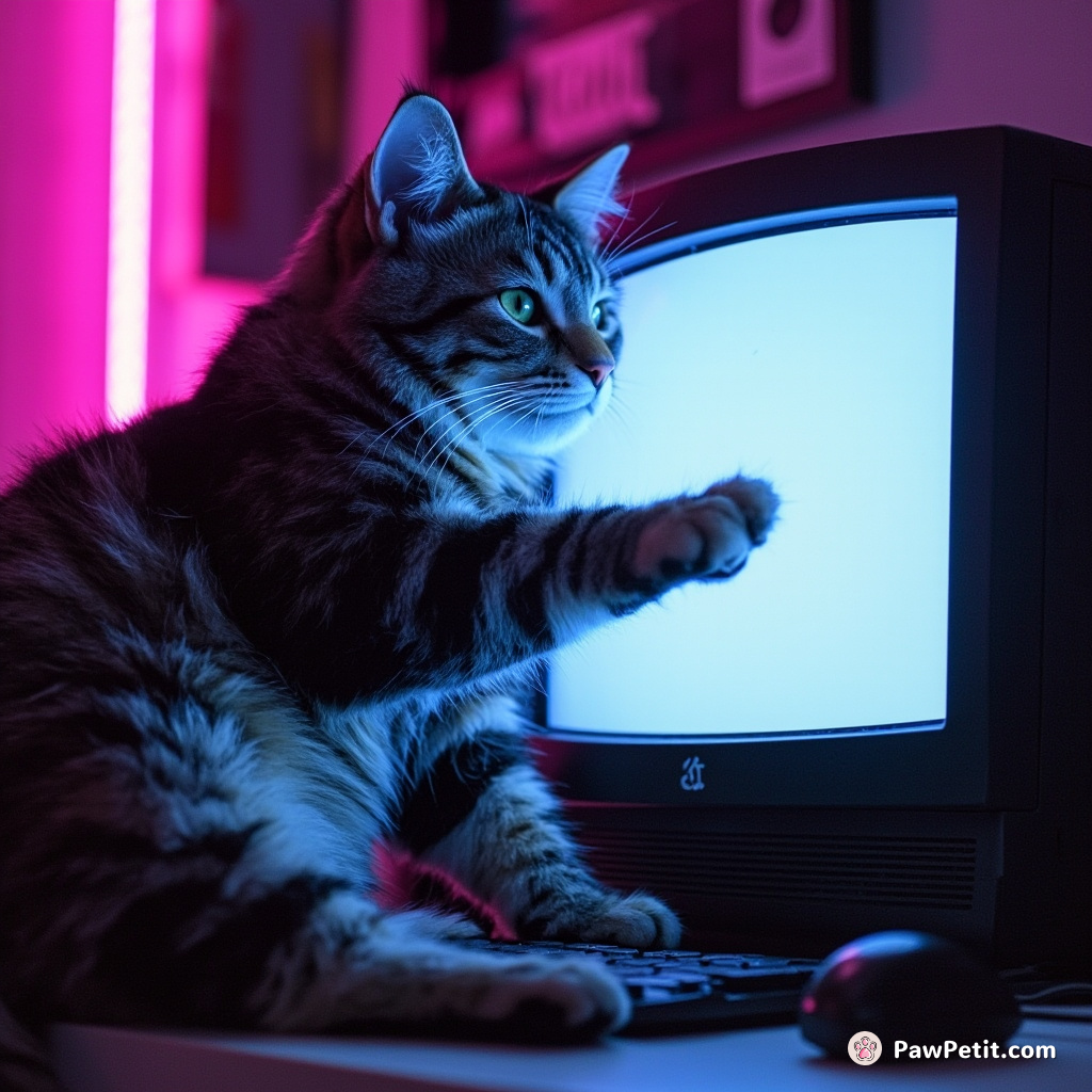 The cat swats at a computer screen, believing humans live inside the glowing box.