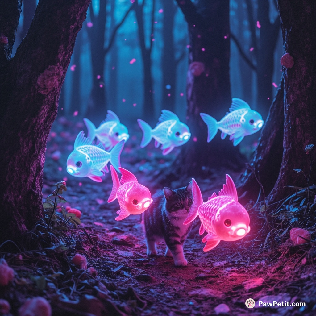 Cat leading a nocturnal parade of ghostly fish through a candy-filled, tie-dyed forest.