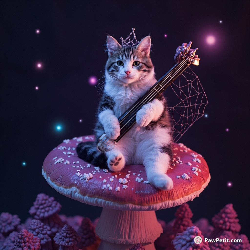Cat enthroned on a mushroom, plucking music from a spiderweb harp while strange stars glow beneath its paws.