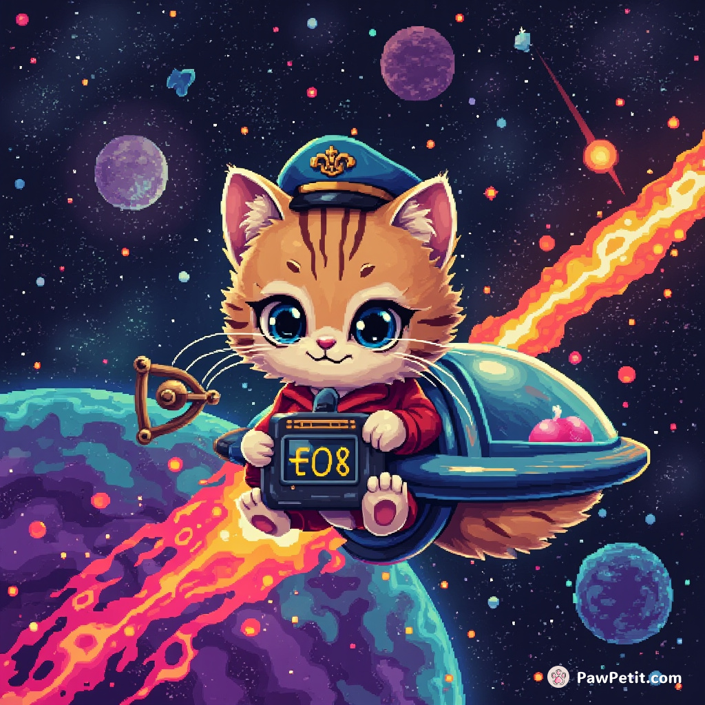 In a zero-gravity spaceship, Captain Whiskers manipulates the neuron-linked quantum-turbo controller, diverting it towards unexplored multiverse portals.