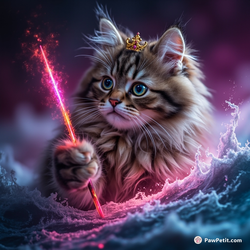 A cat parting the Red Sea with a neon magic wand.