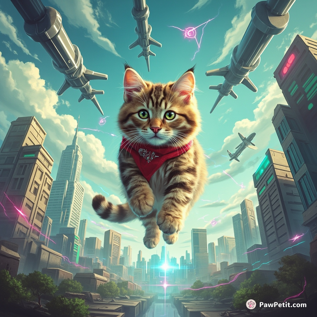 Dodging drones, a tawny tomcat vanishes into panoramic skyline via quantum teleportation portals in the sleek nanotech cityscape.