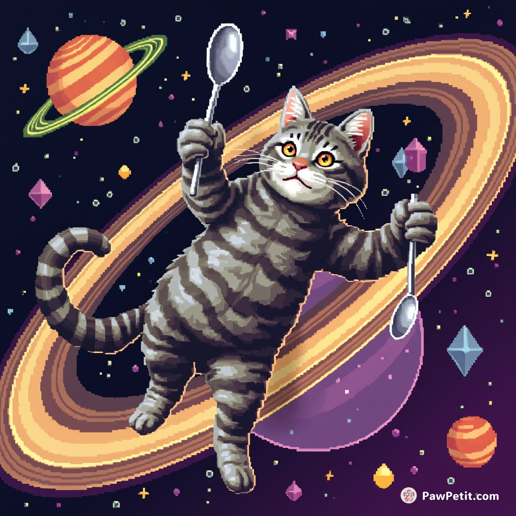 A startled grey tabby cat ricocheting off Saturn's rings while tap-dancing on gravity-defying spoons.