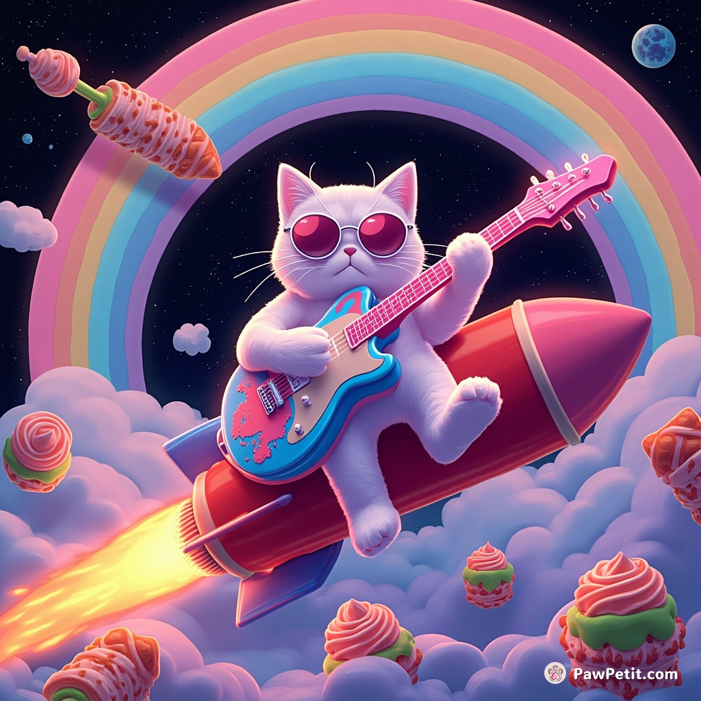 A neon cat playing an electric guitar solo on a floating rocket among cosmos-colored sushi rolls under a giant rainbow made of melting ice cream.