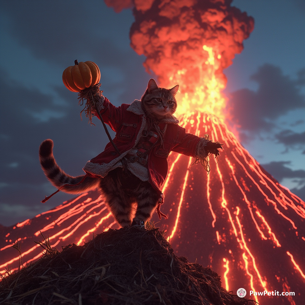 A melancholy cat frolicking in a lively salsa dance with beautifully crafted scarecrow on the peak of an erupting butternut squash volcano.