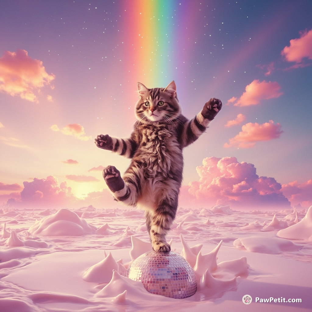 A cat tap dancing on a disco ball floating in an ocean of milk under a rainbow sky.