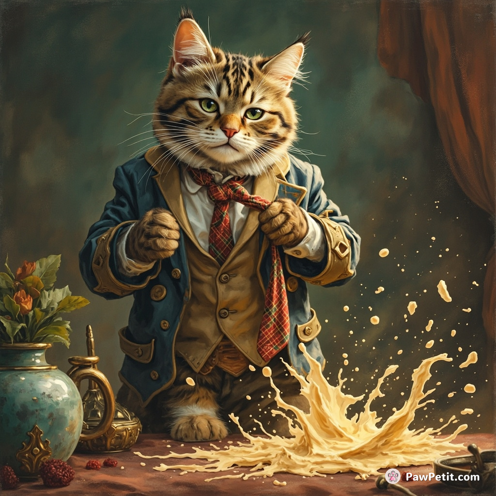 The cat knocks over a vase while trying to tie a tie and hisses at the mess like a disgruntled CEO.