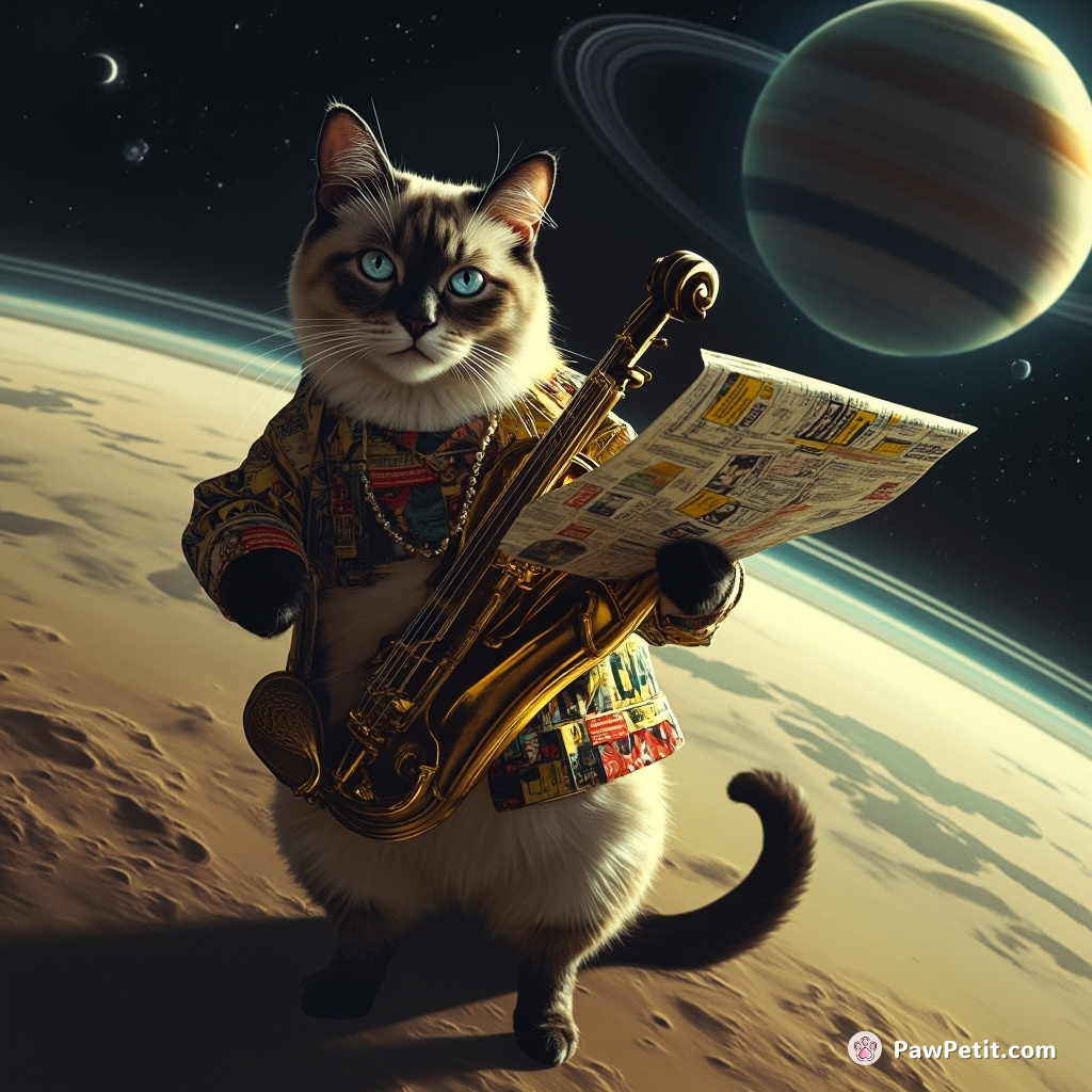 A Siamese cat thriving a galaxy-generating orchestra on the rings of Saturn, using superhero comics as sheet music.