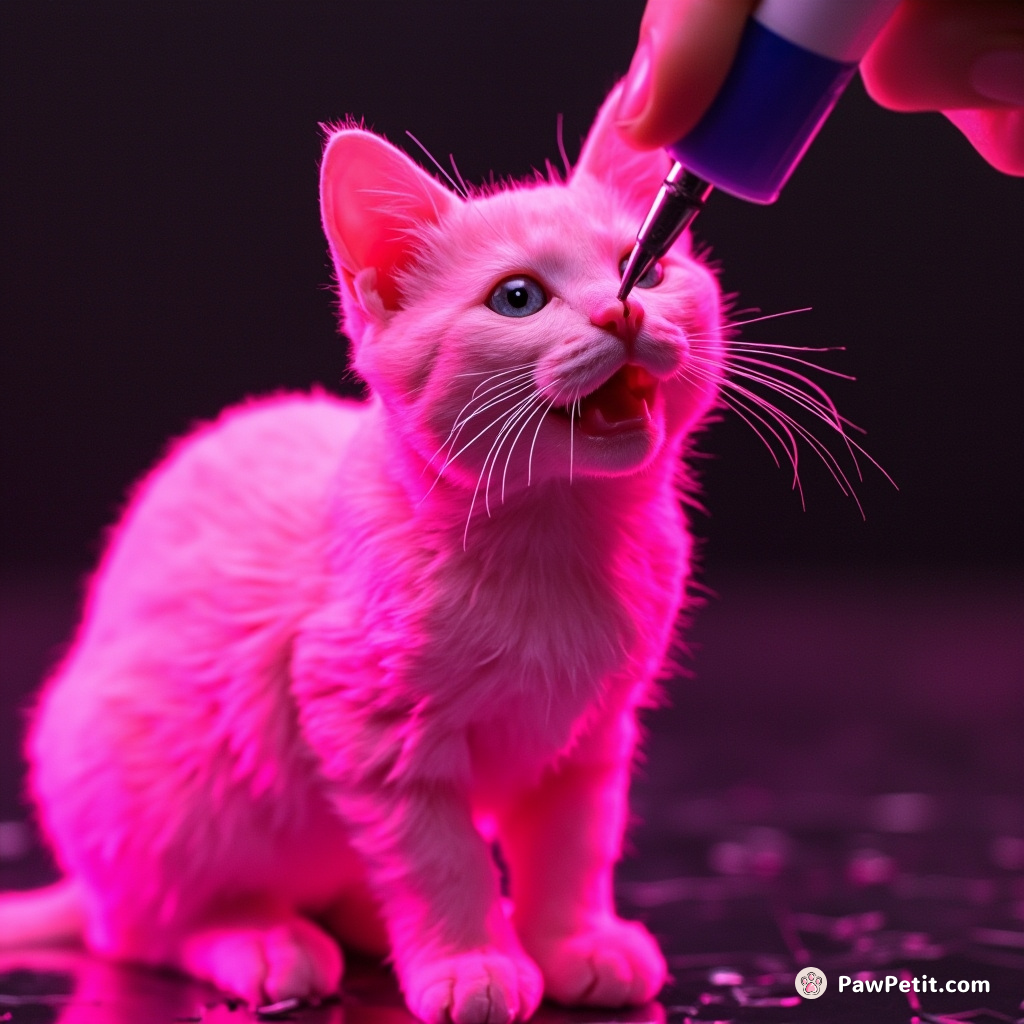 A neon-pink cat jigsaw puzzle building a real cat using tweezers and glue.