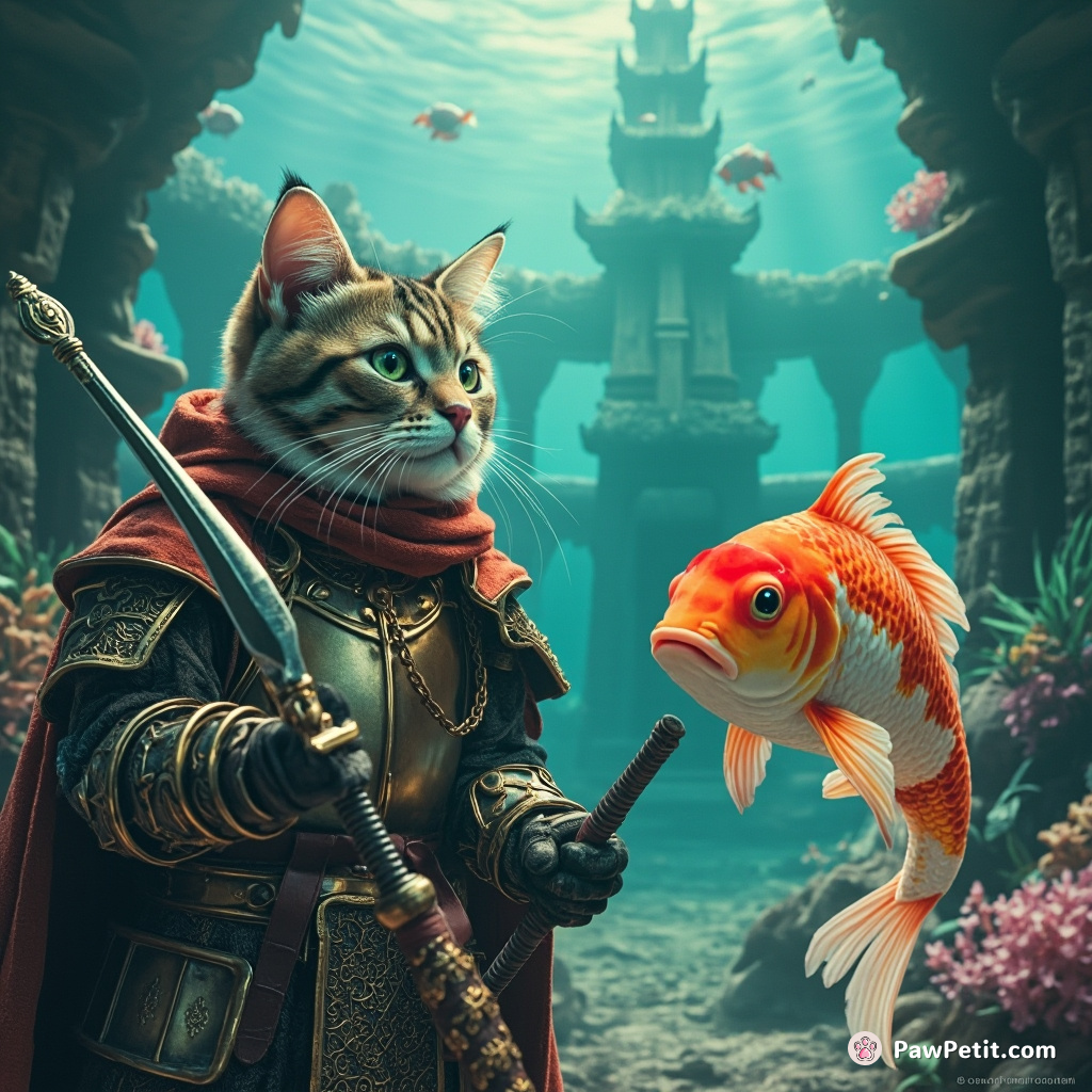 A Guildmaster cat in full medieval armor debating existential questions with a talking koi fish in an ethereal underwater castle.