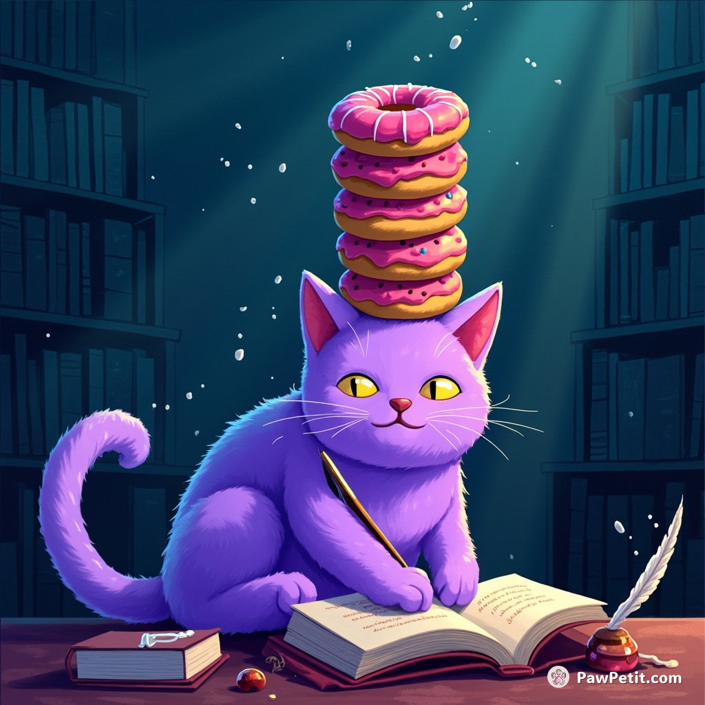 A neon-purple cat balancing a tower of 13 glazed donuts on its tail, while writing a novel with a squid ink quill in an underwater library.