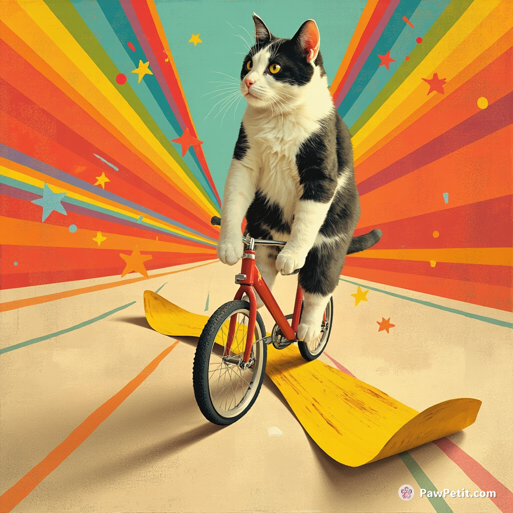 A cat bicycling on a banana peel through a disco-style rainbow tunnel.