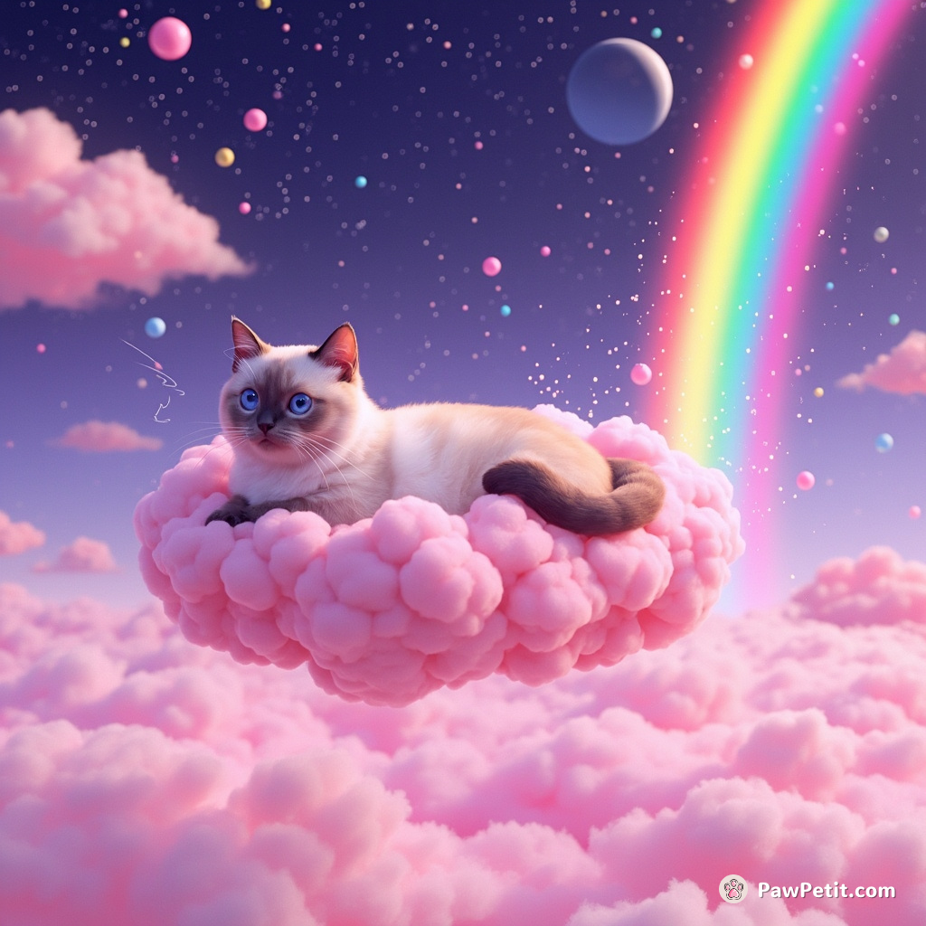 A Siamese cat floating in a cotton candy cloud, painting neon rainbows across a cosmic velvet sky.