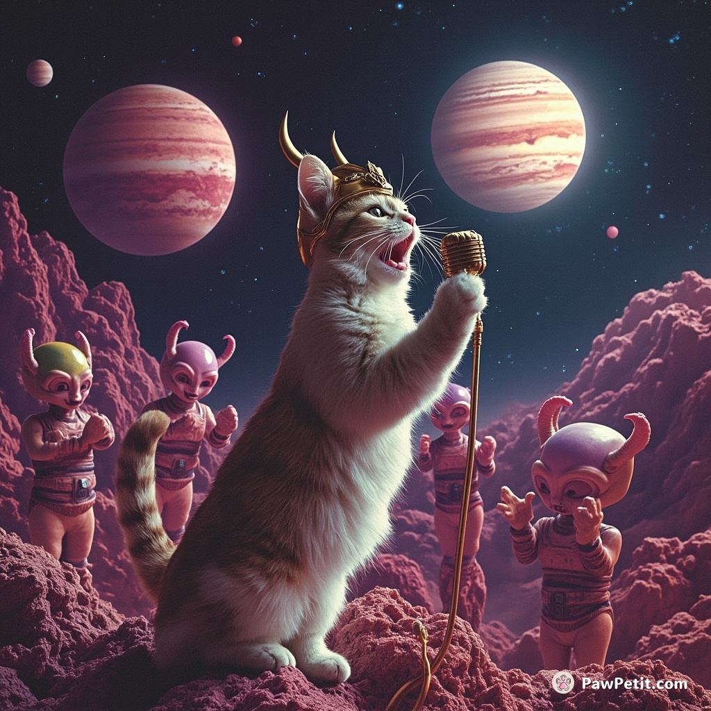 A cat singing opera on a gaseous Jupiter, wearing a Viking helmet, while ravenous aliens clap in rhythm.