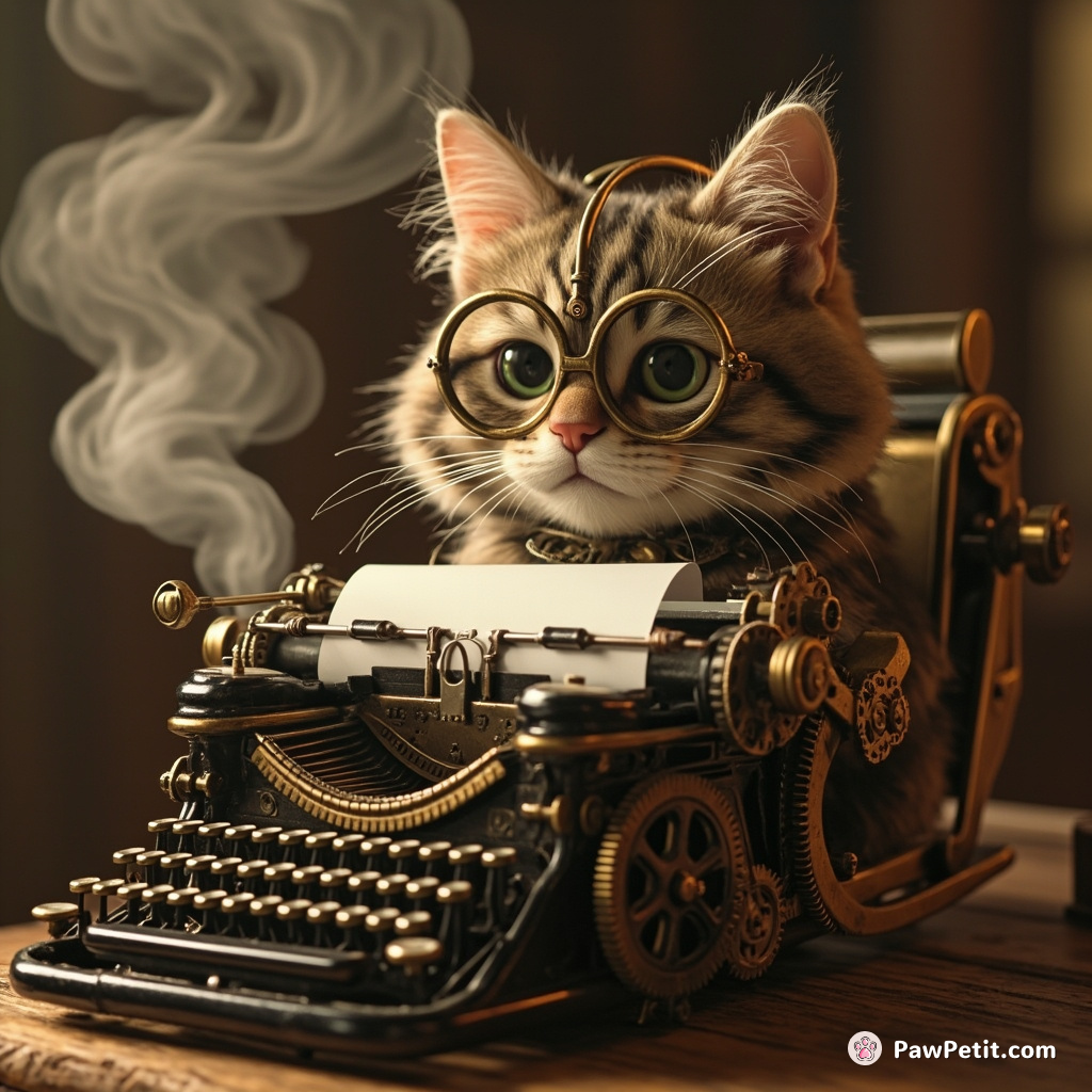 A steampunk cat typing on an antique typewriter with gears for fur, steam puffing out occasionally.