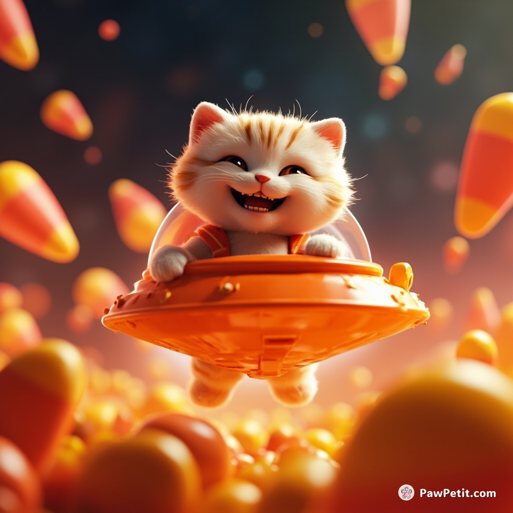 A grinning cat perilously piloting a neon orange spaceship through a candy corn asteroid field.