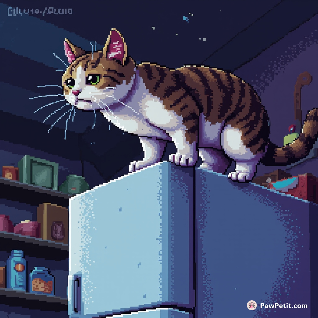 In an odd twist, a cat deems it could outperform humans in nocturnal gymnastics off the refrigerator top.