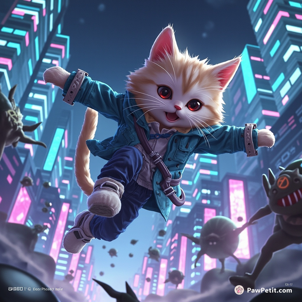 Under neon skyscrapers, a feline nuclear physicist leaps commandingly through anti-gravity fields, zigzagging to evade AI predators.