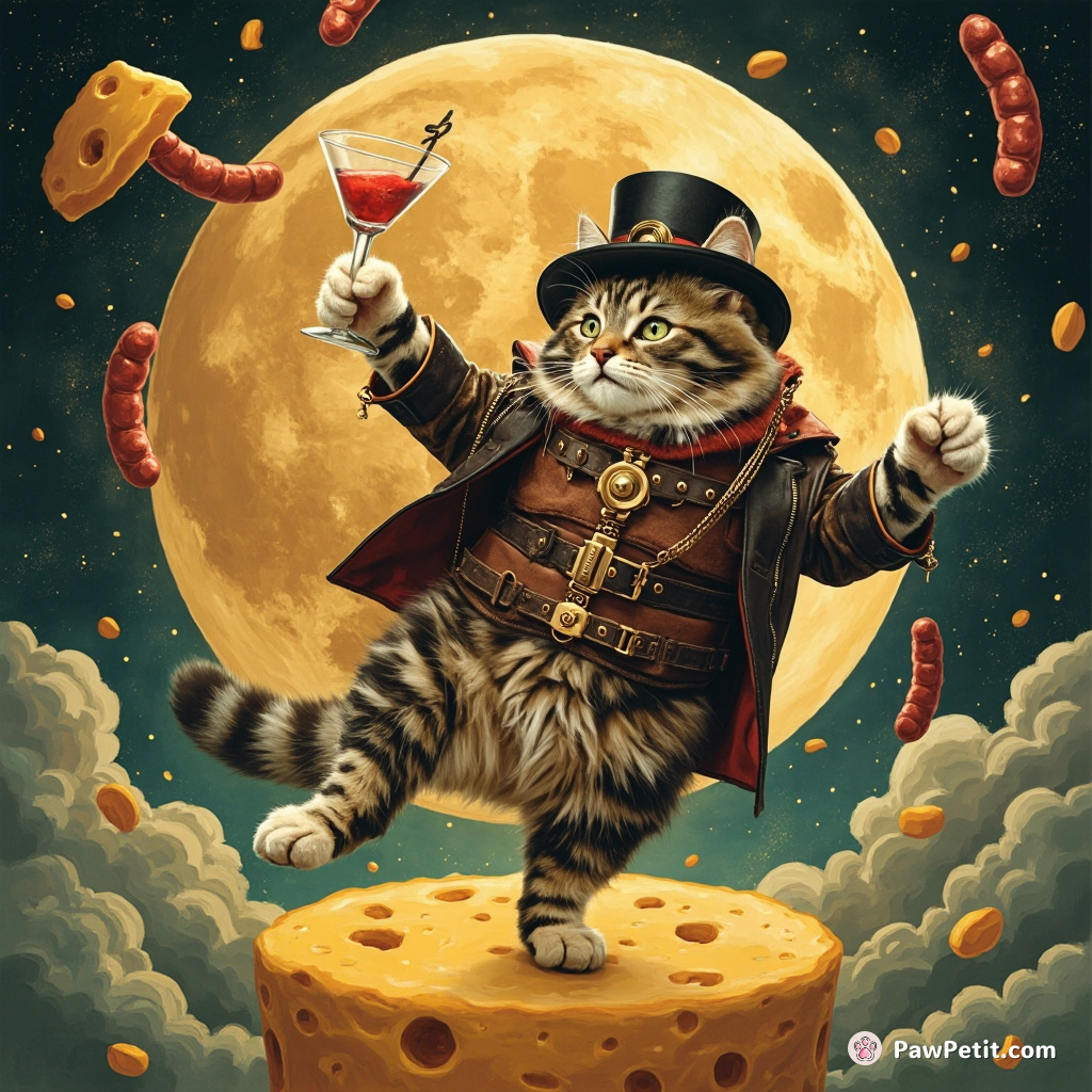 Steampunk cat dancing on a floating cheese moon with cocktail sausages.