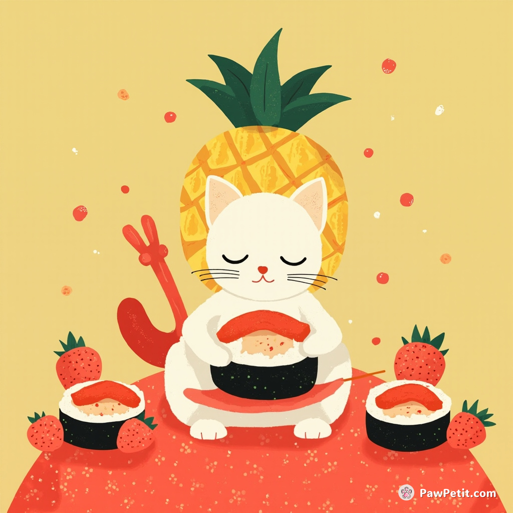 Cat mutant with pineapple skin making sushi on a strawberry planet.