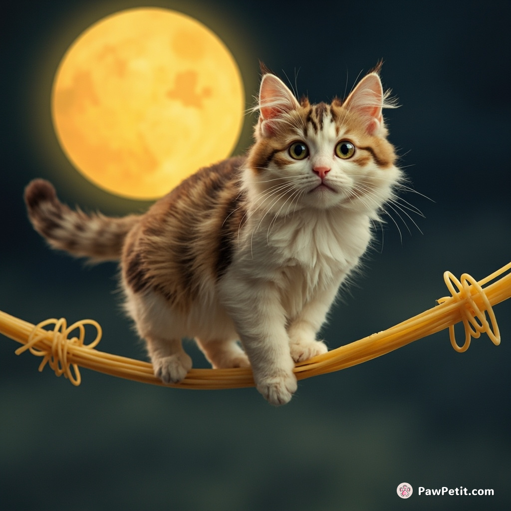 Three-eyed cat balancing on a spaghetti tightrope over the cheese moon.