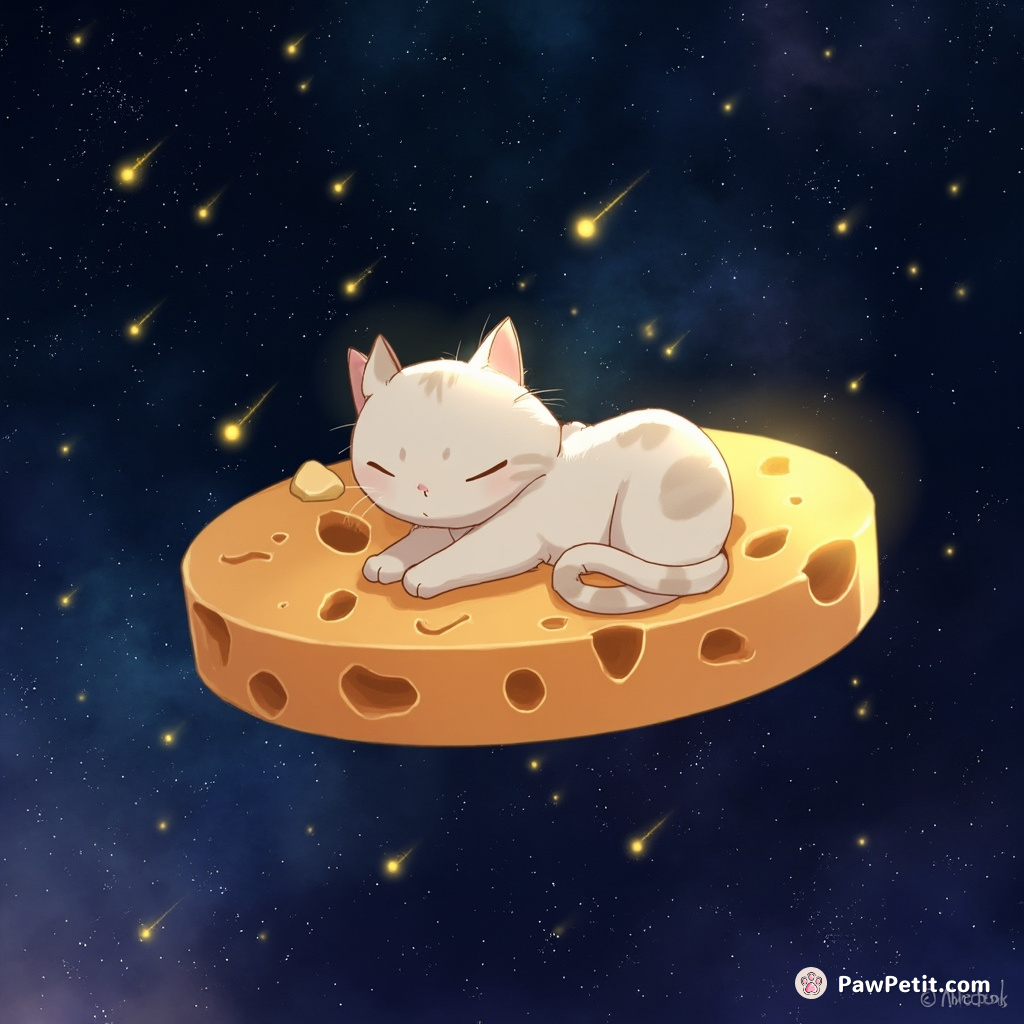 Cat serenely floating on a cheese wheel in outer space, nibbling at comets dotting the galaxy.