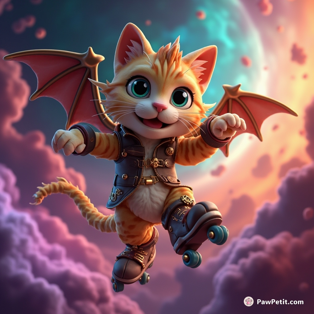 A dragon-sized, steampunk-style cat defying gravity while roller-skating on a multicolored nebula.