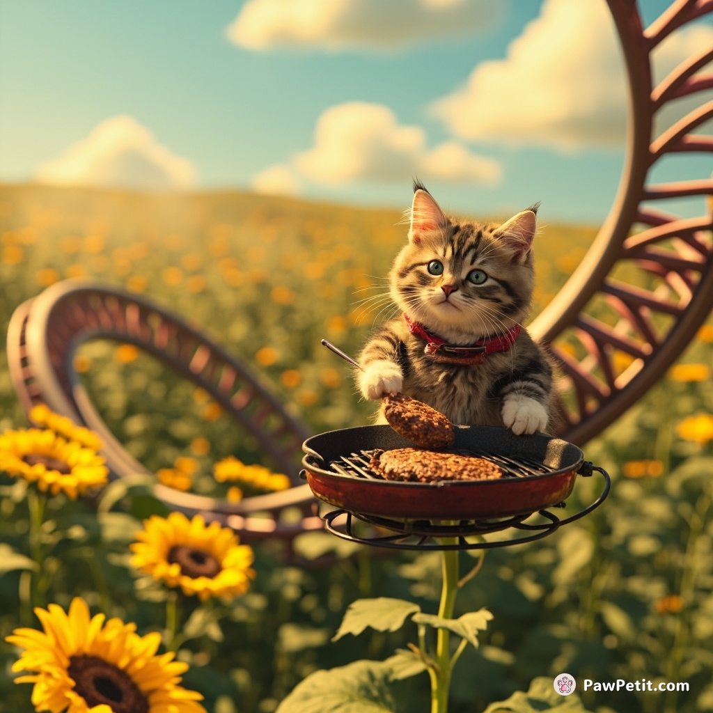 Cat atop a rollercoaster spiraling through an overgrown sunflower field, skillfully flipping burgers on a grill floating in midair.