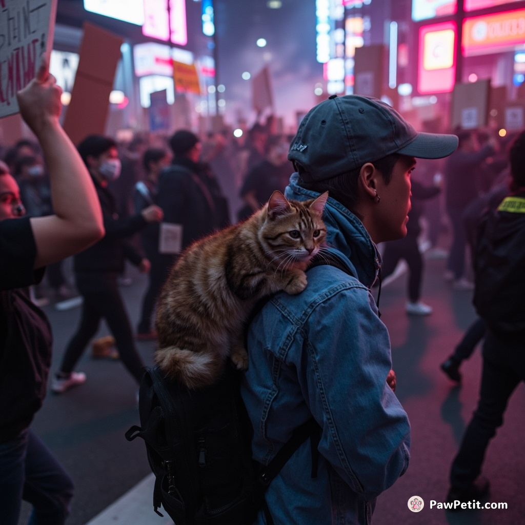 In the chaos of a citywide protest, the cat fearlessly scurried through streams of stampeding legs, clinging onto a protester's backpack.
