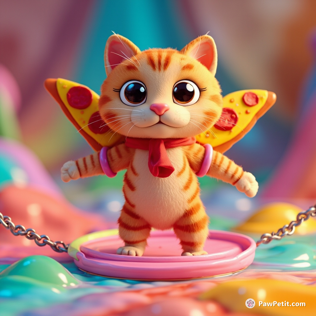 Cat balancing on a circus tightrope over a pool of rainbow color-changing jelly with pizza frisbees for wings.