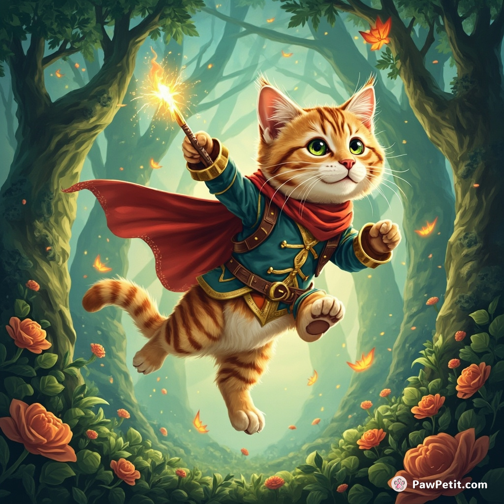 Whiskers the cat leaps through enchanted forests, slaying dragons with a flick of his tail and a purr of bravery.