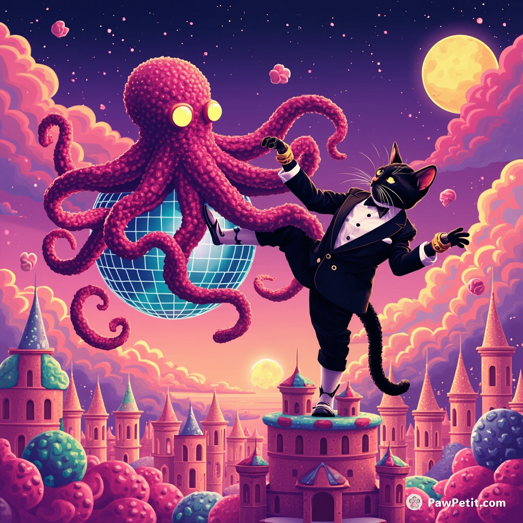 A tuxedo cat wrestling a glowing neon octopus on top of a retro disco ball floating in the bubblegum sky above a candy kingdom.