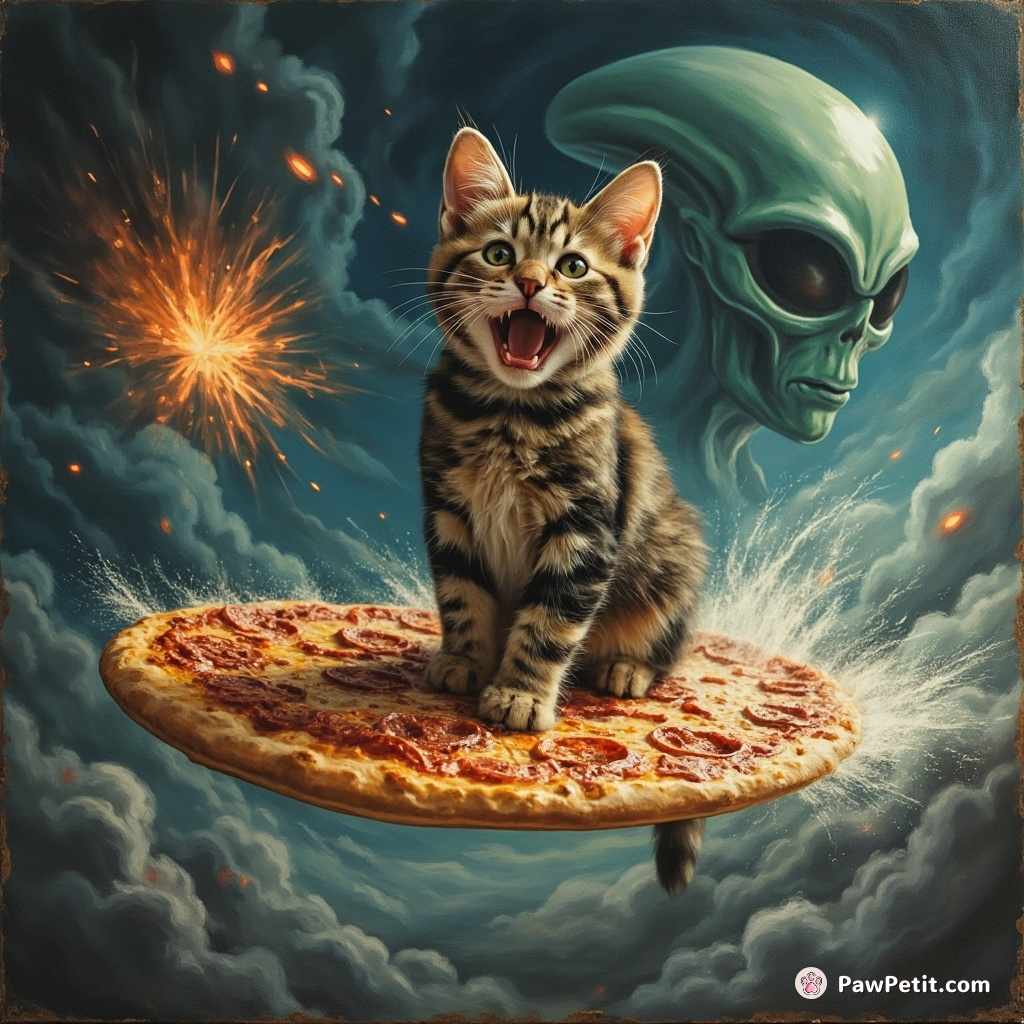 A tabby cat live streaming an alien invasion while surfing on a flying pizza.