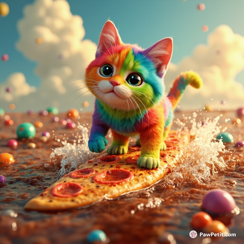 A rainbow-hued cat surfing on a slice of pizza in a sea of bubbling soda.