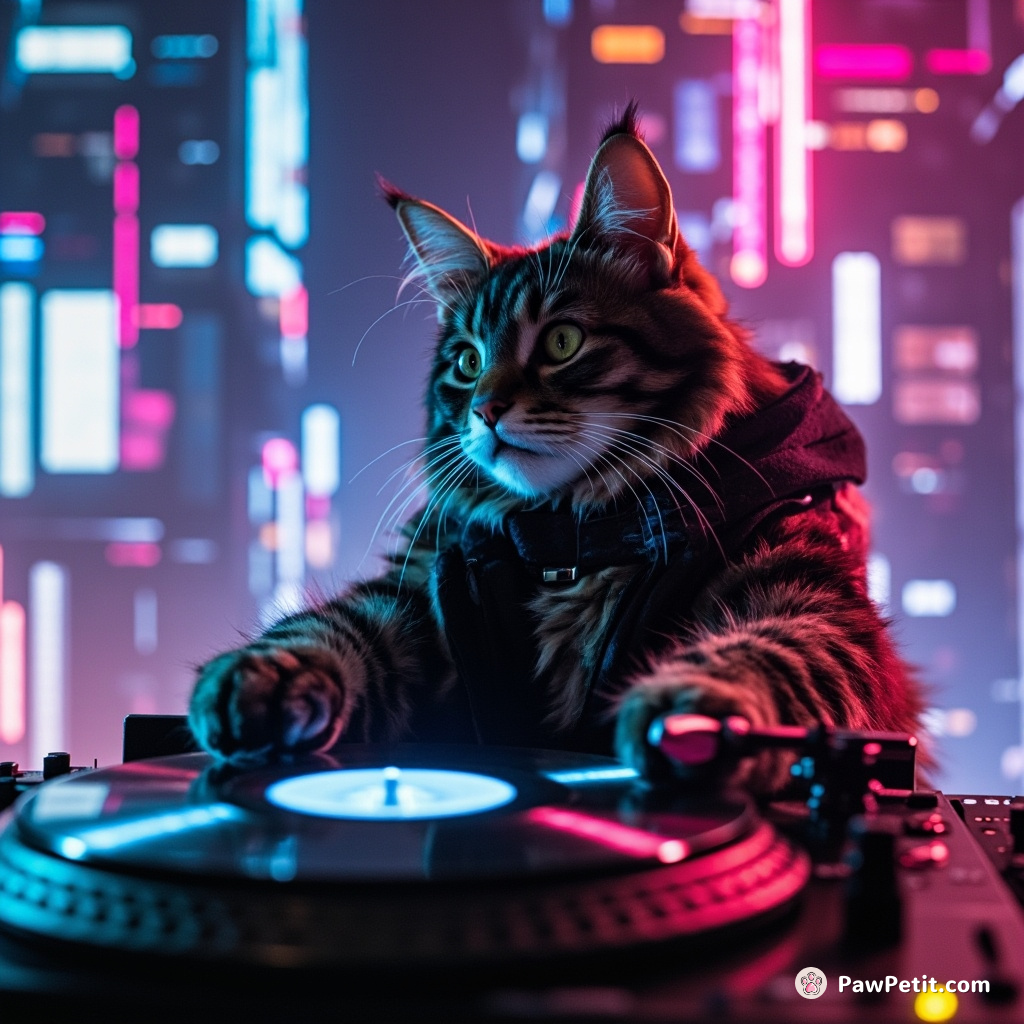 Cyberpunk cat DJ spinning cosmic tunes on a milk saucer turntable in a neon-lit cityscape.