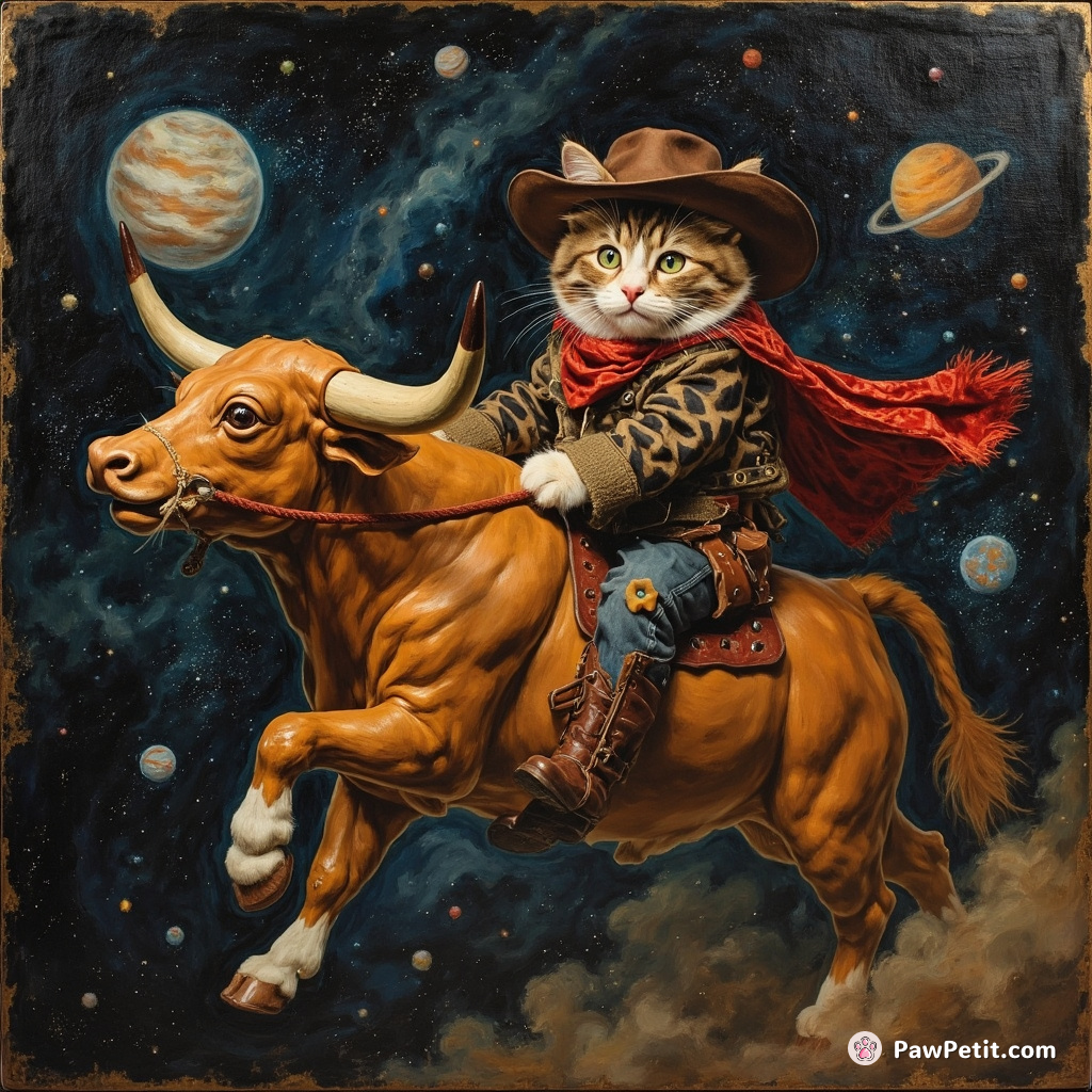 Cat dressed as a cowboy, riding an oversized hot dog like a rodeo bull in outer space.