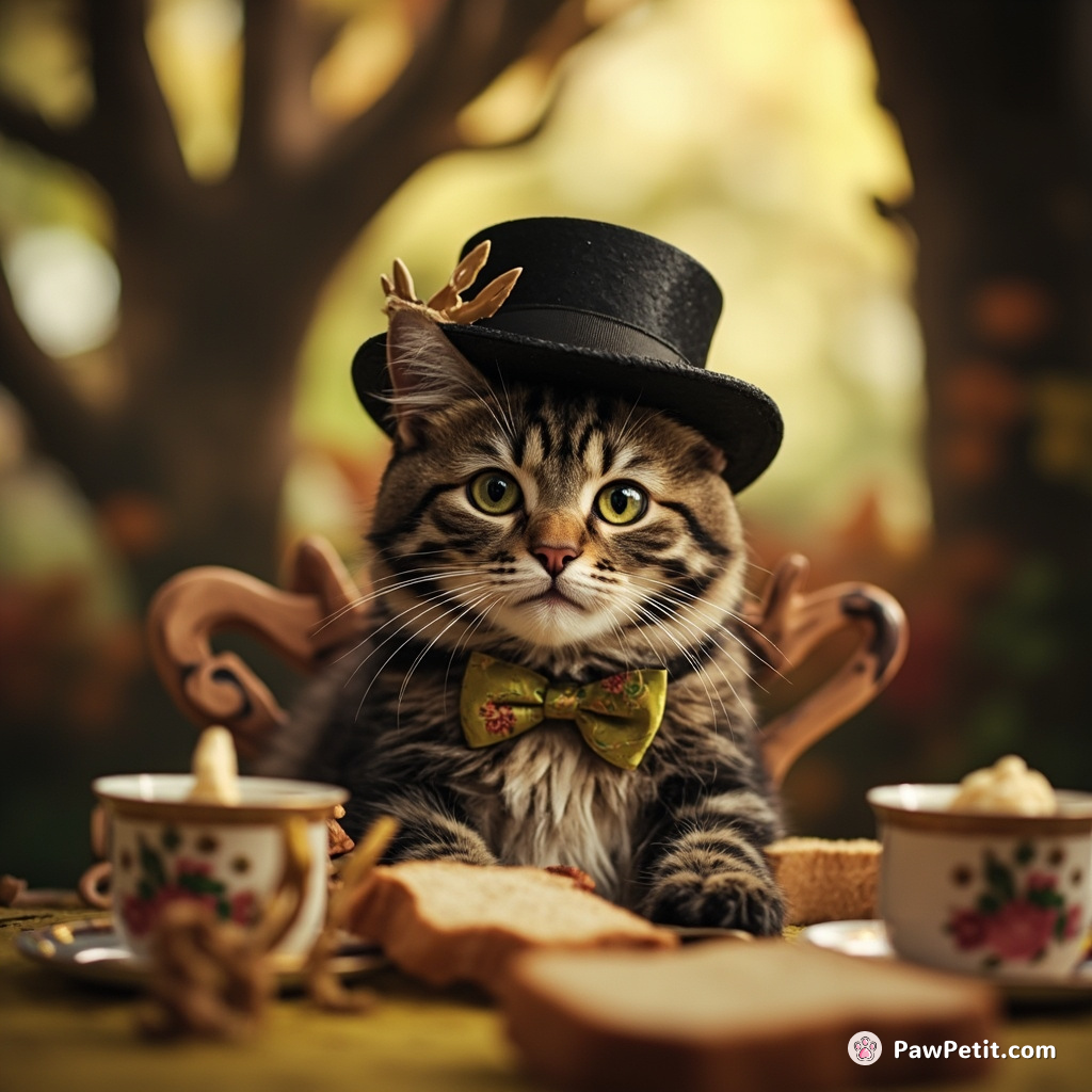 A cat without a hat having a sophisticated tea party with fairy bread slices in an invisible tree house.