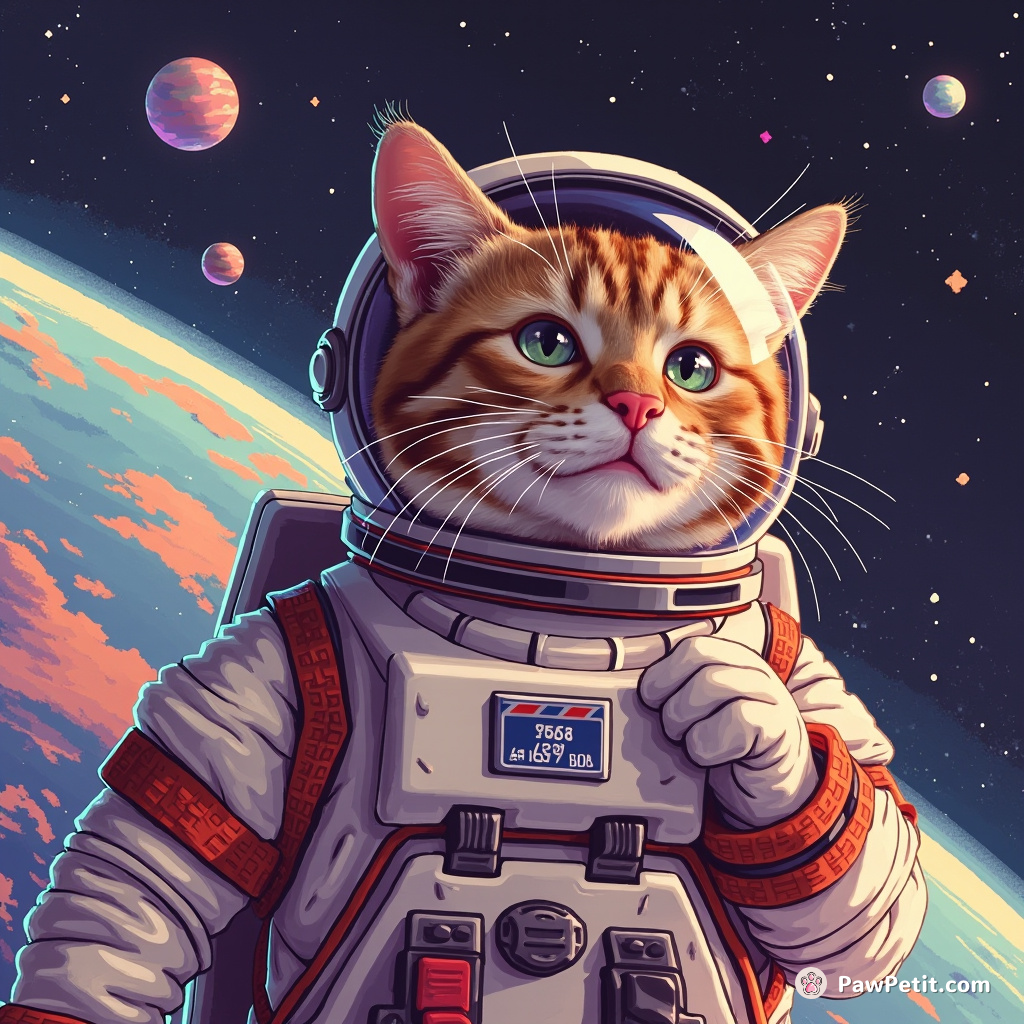 Astro-cat accidentally flicks world-saving button in astronaut suit, hailed as hero; makes history with a nonchalant lick and stretch.