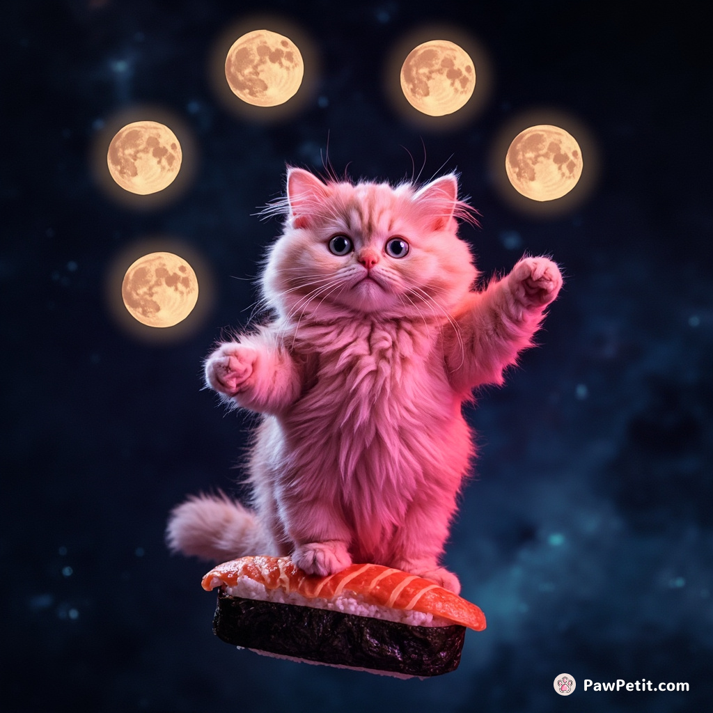 A neon-pink cat, doing a flamenco dance atop a floating sushi roll in space, while juggling glowing moons.