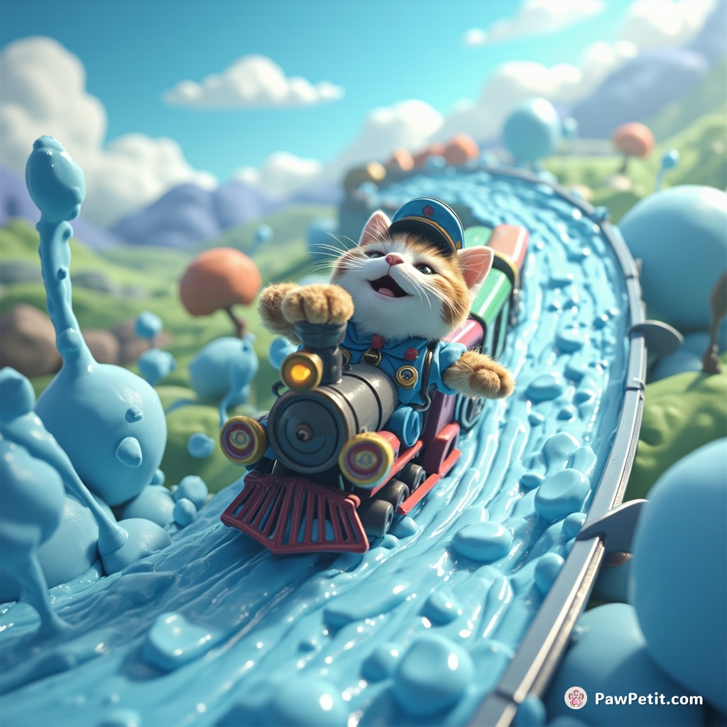 Cat train conductor, joyously navigating a river of blue milk in a molecular landscape.