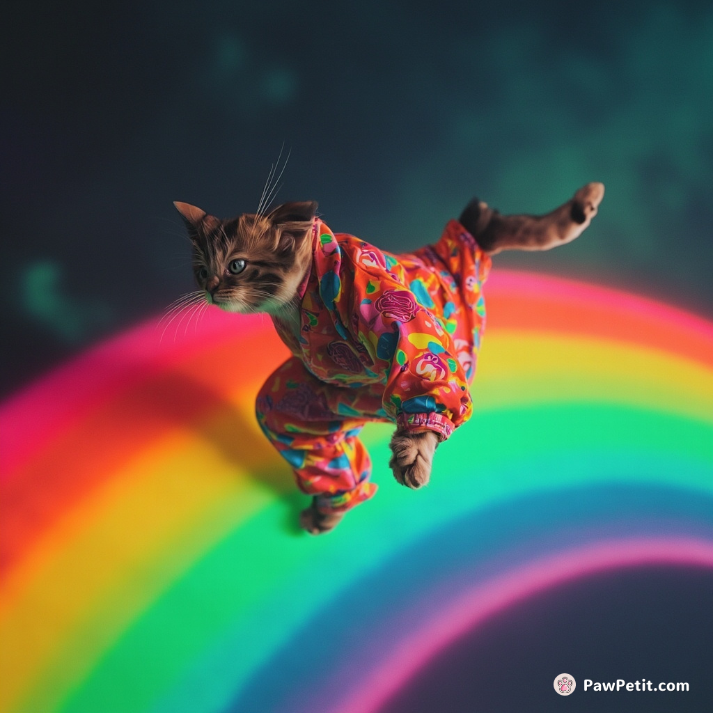 Cat pole-vaulting over an obsidian rainbow in neon pajamas.