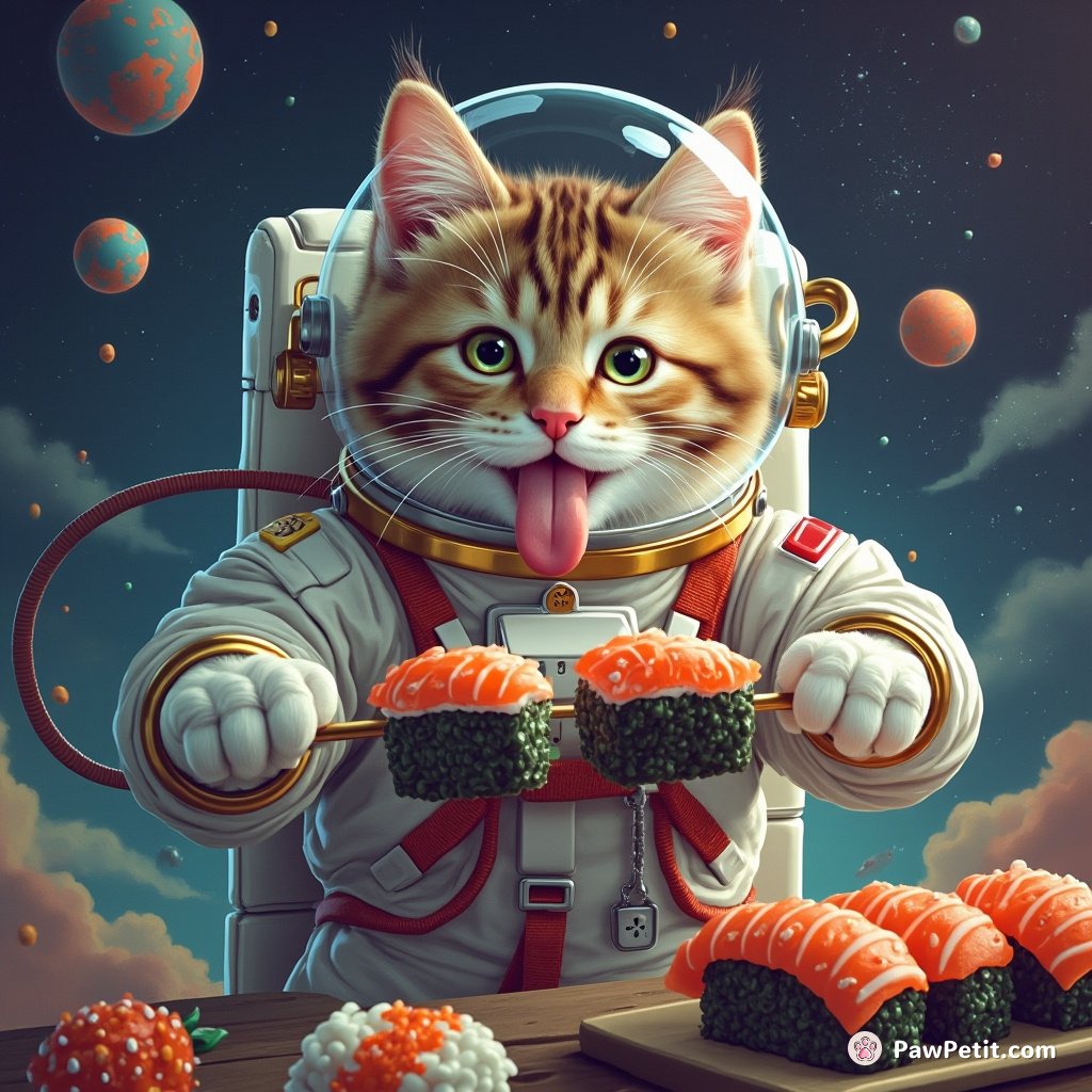 Cat astronaut, tongue out in concentration, making sushi in zero gravity.