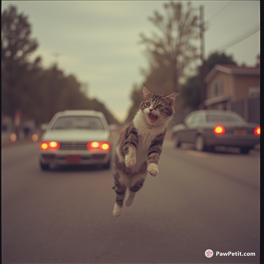 Cat attempts to parallel park a car, hilariously spins in circles, tail twitching with each turn.