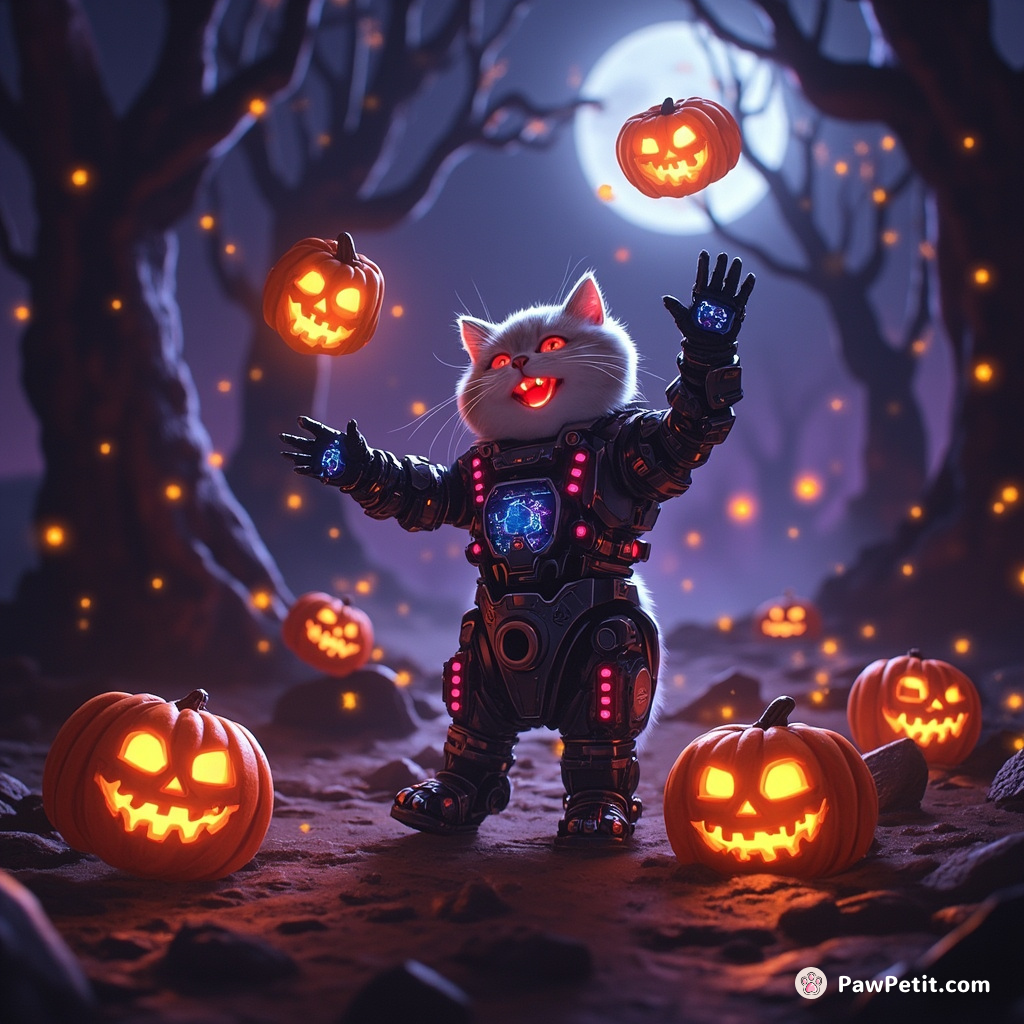 A cyborg cat merrily throwing galaxy-print jack-o'-lanterns in a haunted forest on Mars.