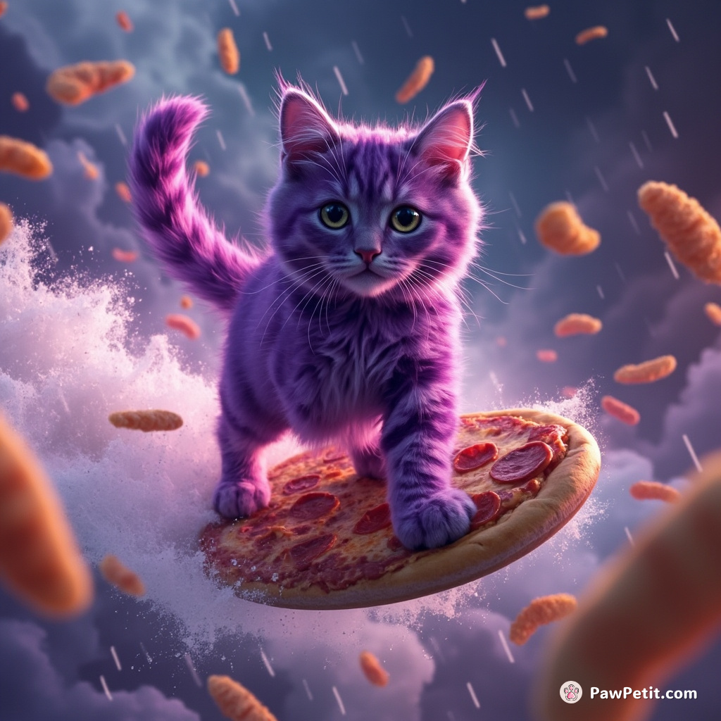 A neon-purple cat surfing on a flying pizza through a storm of fish crackers in bubblegum rain.